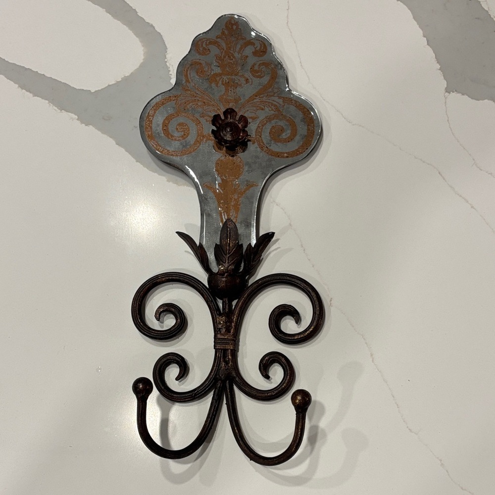 Vintage-Style Mercury Glass w Gold Design, Bronze Wall Plaque with 2 Hooks…17x7